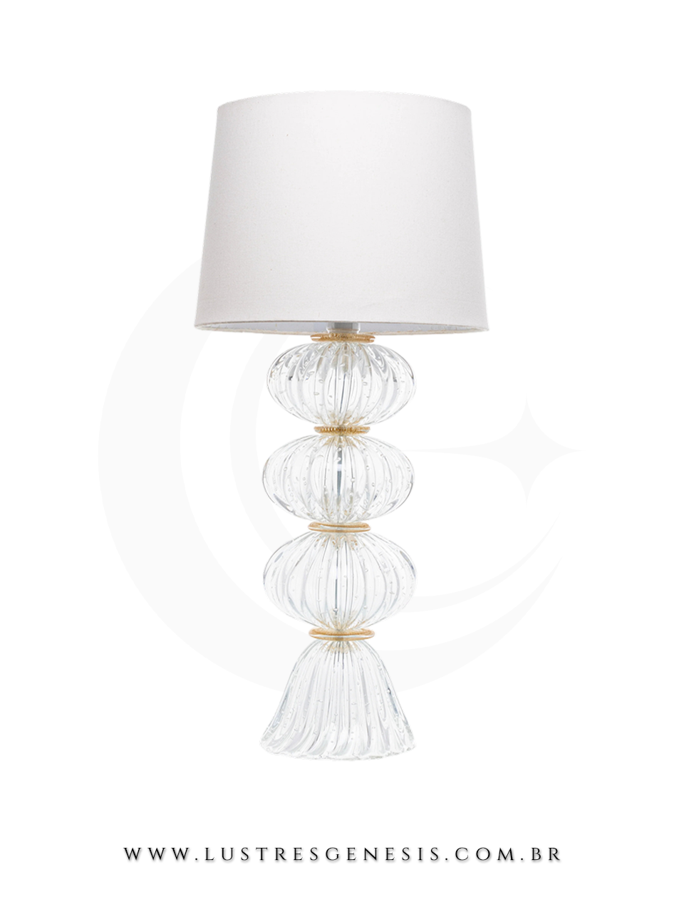 Luminaria de Mesa Abajur Murano Gardenia Transparente Detalhes Dourados Cupula Bege para Quarto Sala Living Hall